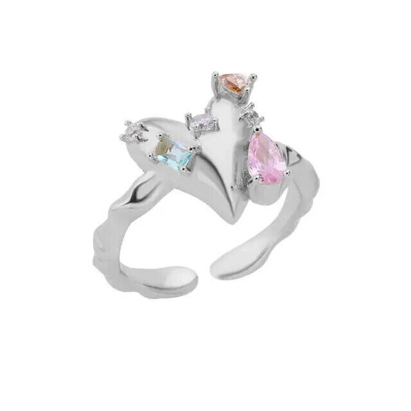 Stainless Steel Colorful Heart Ring with Pink, Blue and Amber Gems CZ