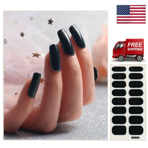 Black Solid Nail Polish Strips Opaque Nail Wraps Stickers Press On Plain Color 01