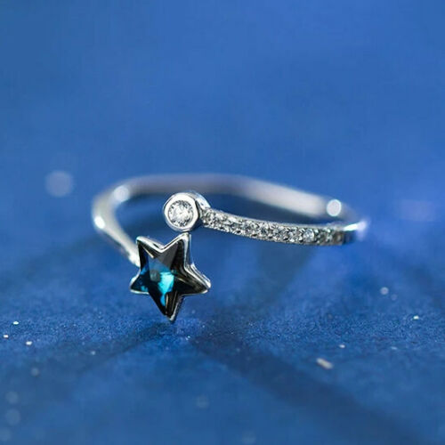 Silver Star Blue Crystal Ring Jewelry Open Band Fashion Boho Gothic Adjustable