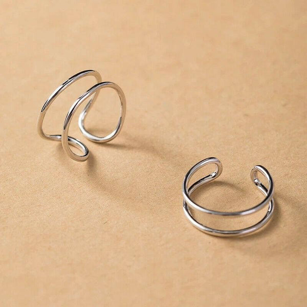 Adjustable Silver 2 layer Straight Ring One Size Fits All 2 Line Plain Band Double Multi Geometric