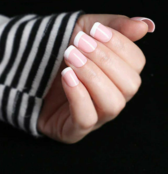 SHORT FRENCH MANICURE Full Cover Natural Pink White Press On 24 Nail Tips + Glue!
