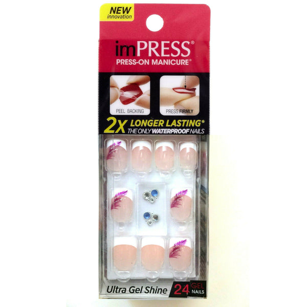 Impress Gel manicure Press on Nails with Charms French White Tips Feather