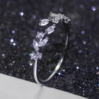 Ring Leaf Wrap Band Open Adjustable Silver Ring Leaves Cubic Zirconia Stone CZ