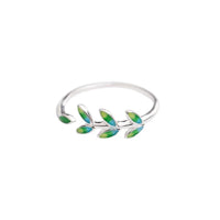 Green Ring Leaf Wrap Band Open Adjustable Silver Ring Leaves