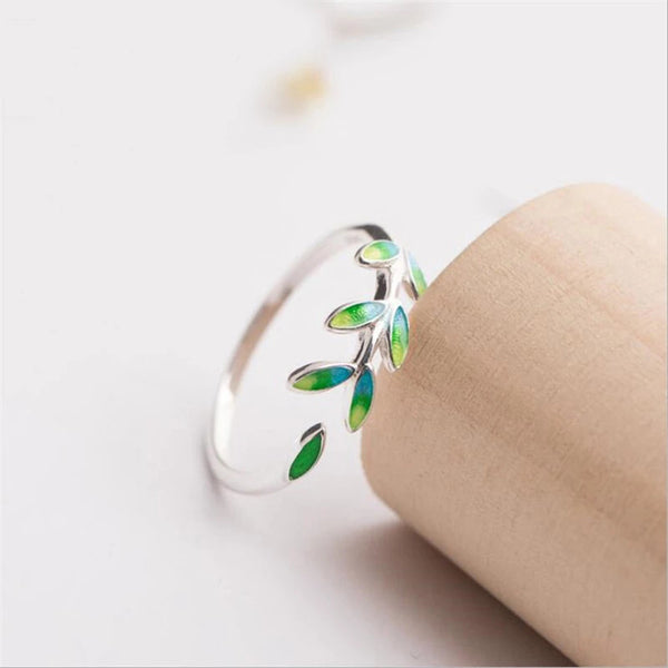 Green Ring Leaf Wrap Band Open Adjustable Silver Ring Leaves