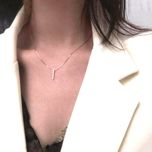 Sterling Silver Geometric Strip and Link Chain Necklace Cubic Zircon