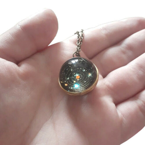 Globe Galaxy Geek Solar Orbit / Solar System Necklace, Glass Pendant w Metal Chain Alloy