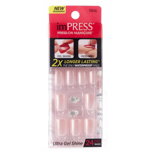 Impress Press On Nails Short Length Pink Shiny Pearly with Charms - Flirt 58066