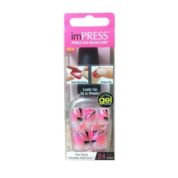 Impress Press On Nails Short Length Pink Ombre with Feather Black White - Shout