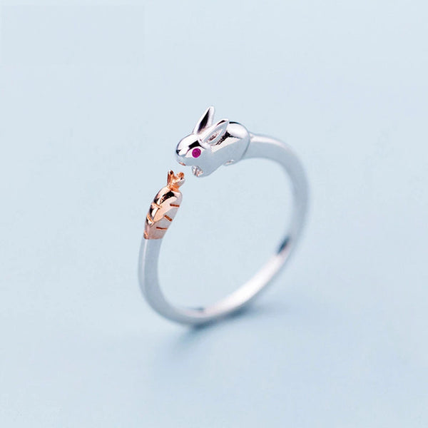 Women Fashion Rabbit and Carrot Jewelry Silver Rings Wedding Gift Adjustable