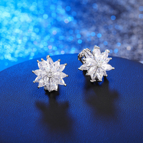 Clip-On Zirconia CZ Silver Crystal Flower Starburst Non Pierced Clip on Earrings