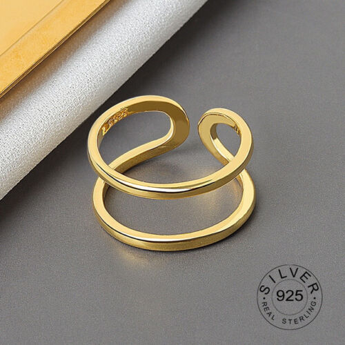Adjustable Gold 2 layer Straight Ring One Size Fits All 2 Line Plain Band Double Multi Geometric