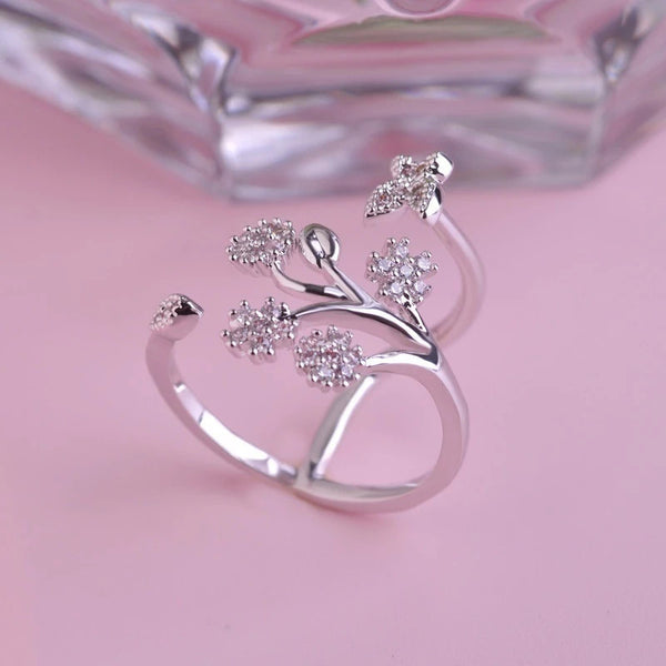 Silver Ring Tree Butterfly Wrap Band Open Adjustable Ring Leaves Crystal