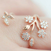 Yellow Gold Tree Butterfly Wrap Band Open Adjustable Ring Leaves Crystal