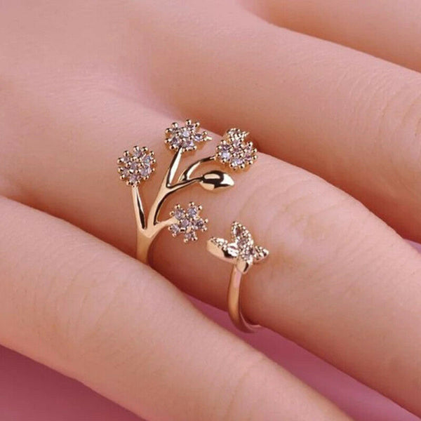 Yellow Gold Tree Butterfly Wrap Band Open Adjustable Ring Leaves Crystal